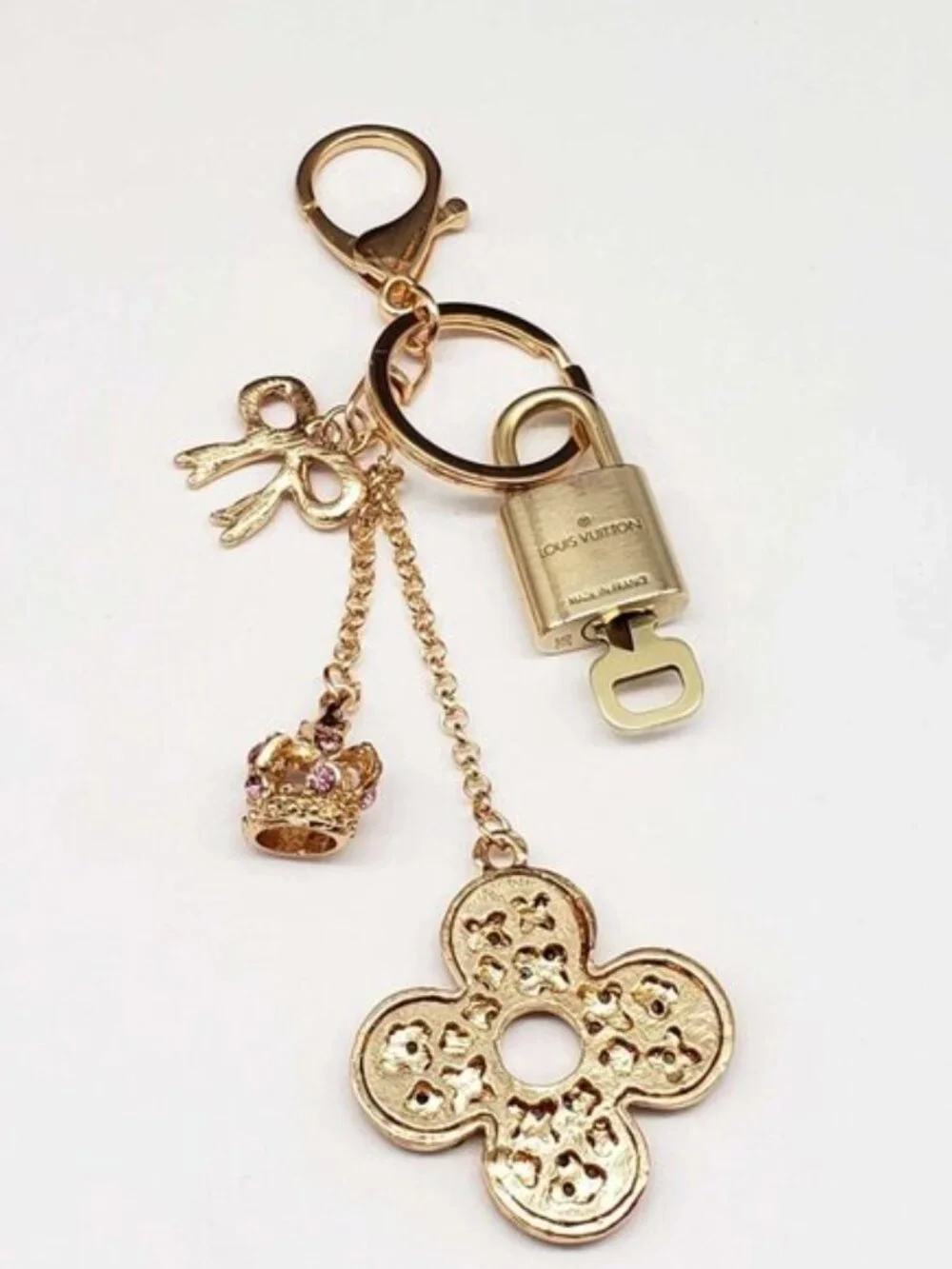 LV Authentic Gold Lock & Key 🔑 Luxury Bag Charm w/ Unbranded Flower Keychain